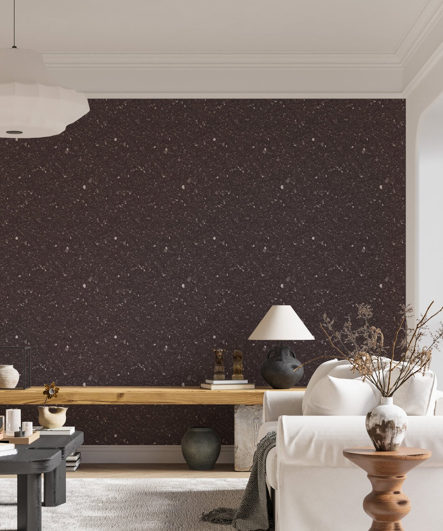 Brown Venetian Quartz Stone Terrazzo Wallpaper in a living room with a white sofa.
