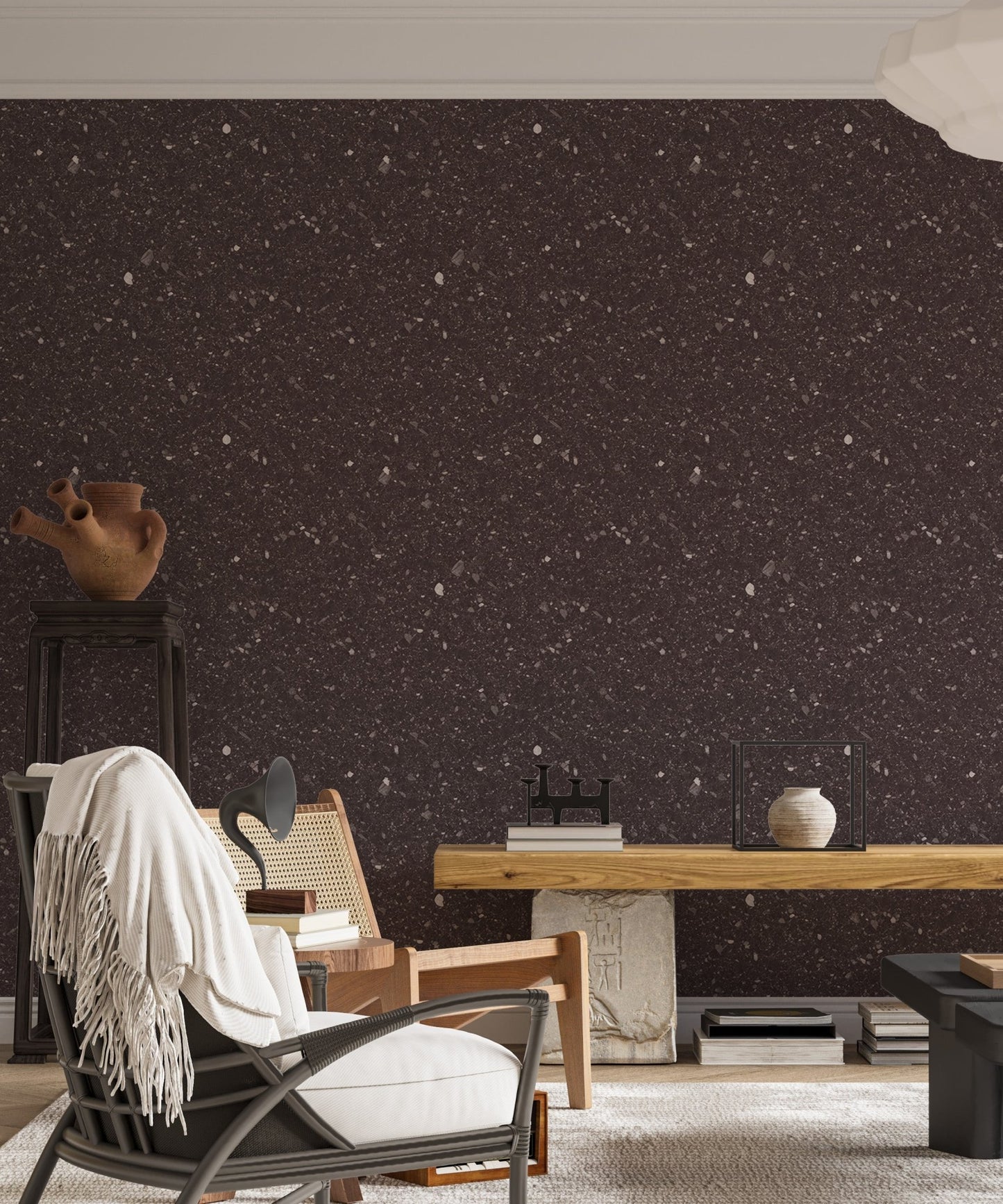 Brown stone pattern wall mural in a living area with a minimalist desk and black chair.