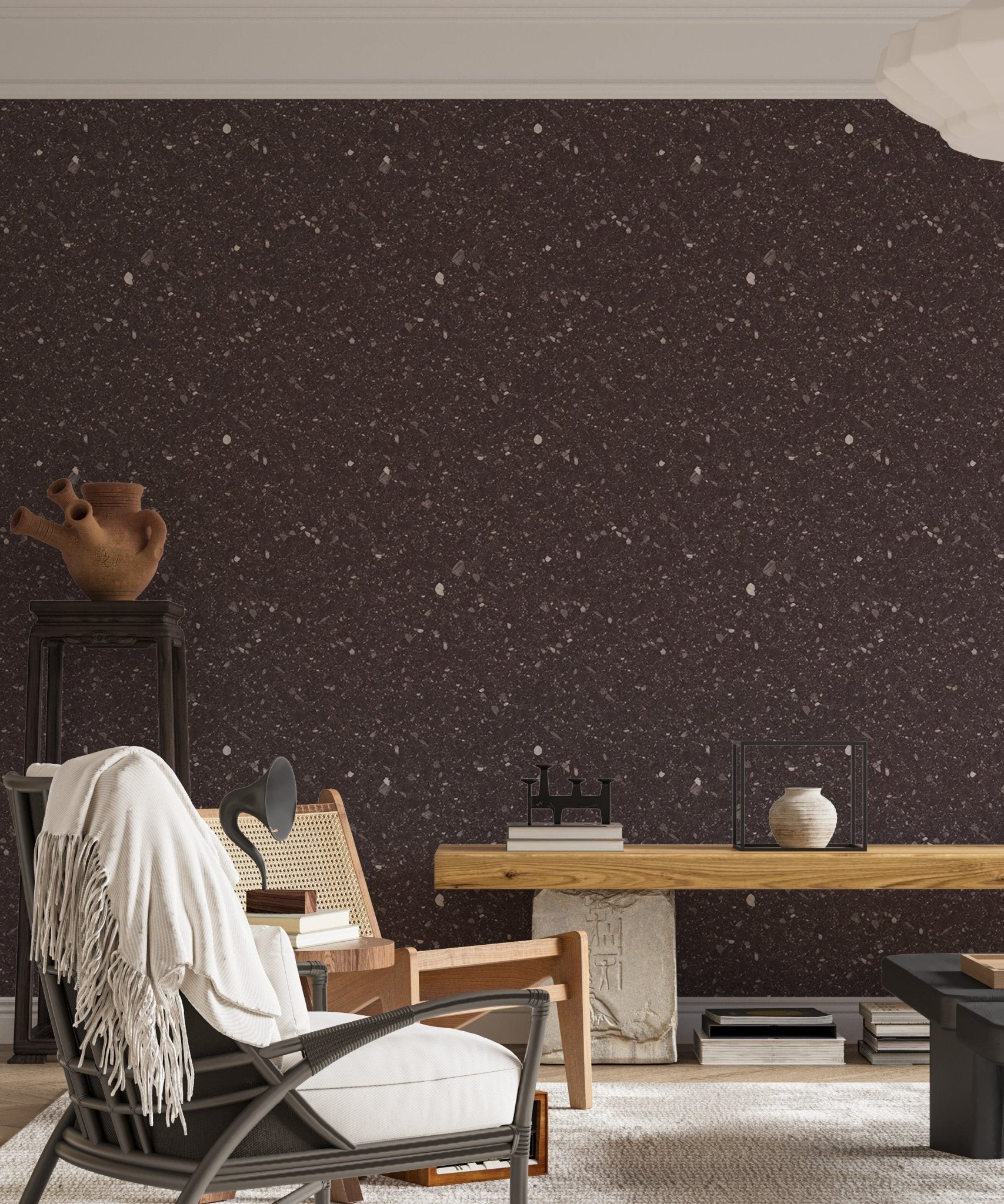 Brown stone pattern wall mural in a living area with a minimalist desk and black chair.