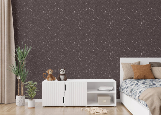 Brown Venetian Quartz Stone Terrazzo Wallpaper in a bedroom with a white side cabinet.