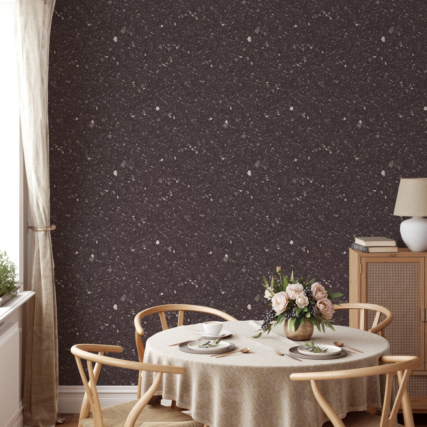 Brown Venetian Quartz Stone Terrazzo Wallpaper in a dining area with a round table.
