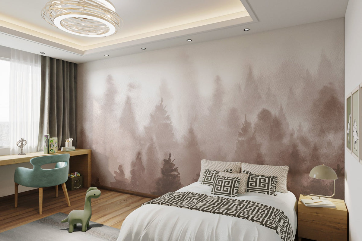 Neutral tone forest wall mural in sunlit bedroom.
