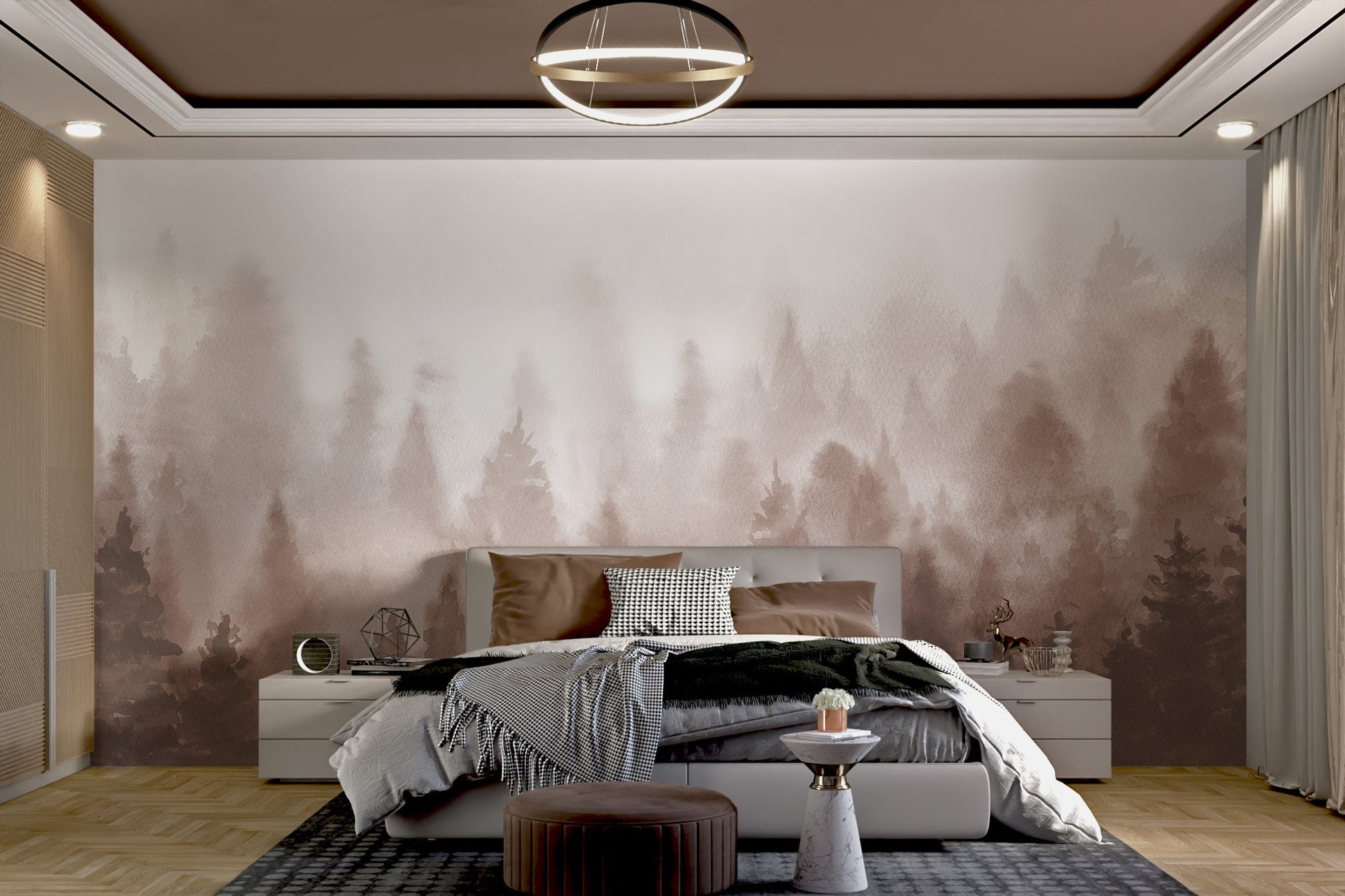 Pine forest wallpaper in elegant brown watercolor hues