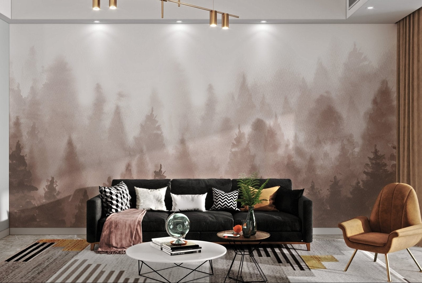 Brown pine forest wallpaper with watercolor design