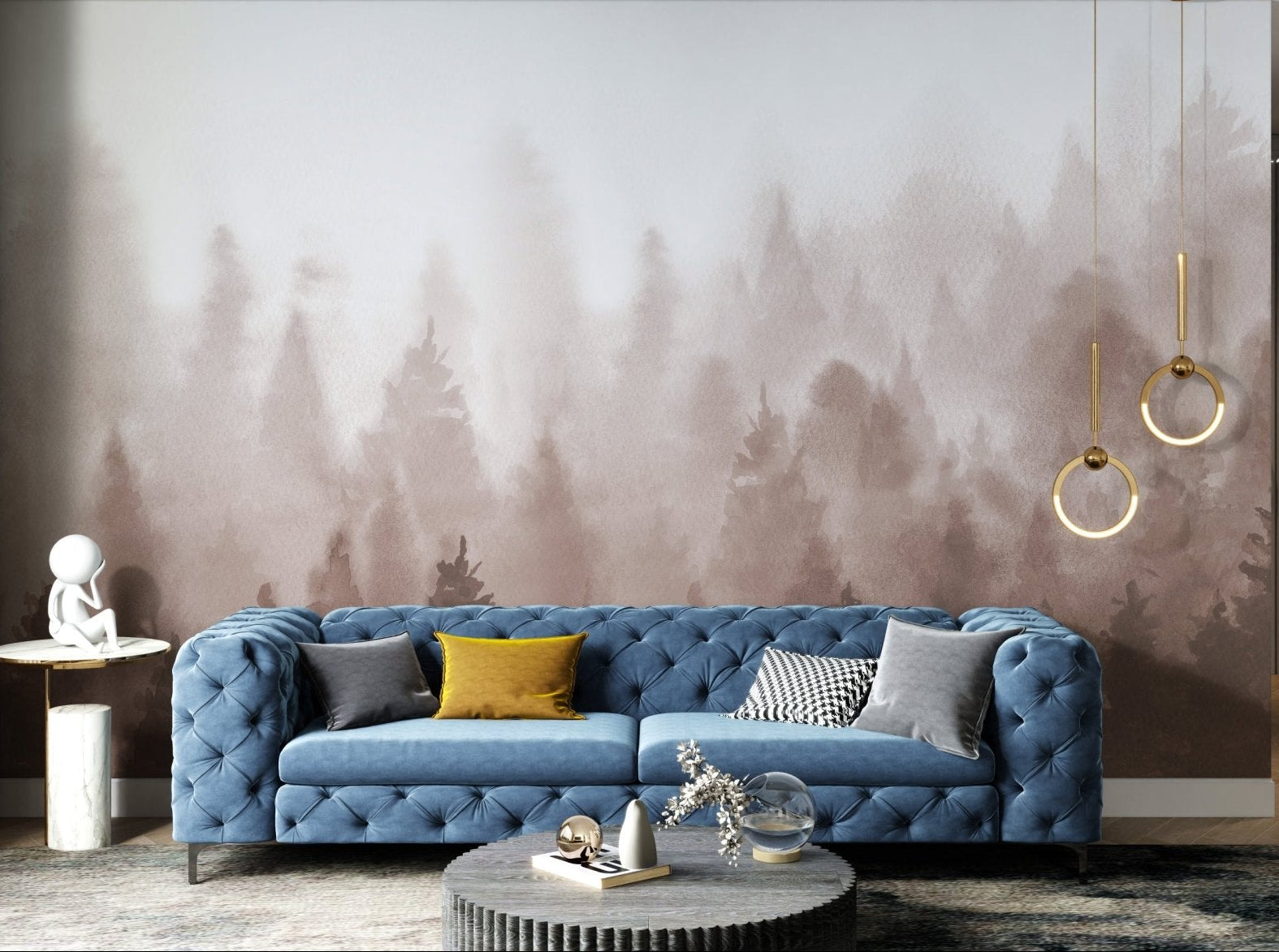 Pine forest wall mural in modern living room.