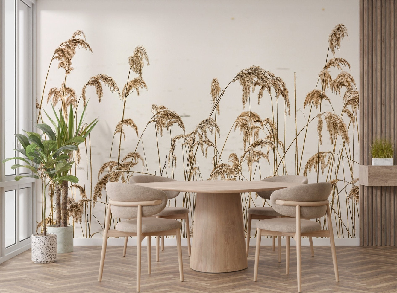 Brown withered grass wall mural with natural dried reeds and soft neutral tones for dining room.
