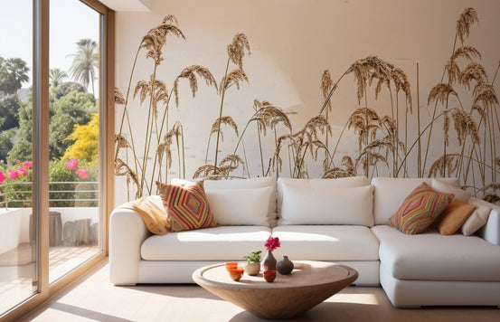 Brown withered grass wall mural with delicate dried grass landscape for living room backdrop.