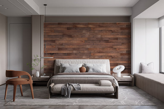 Modern bedroom with Brown Wooden Striped Wall Murals behind a grey bed frame.