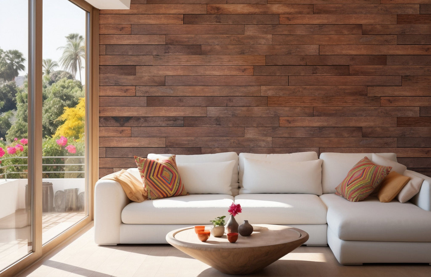 Sunlit living area with a balcony and horizontal wooden strip wall mural.