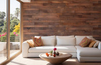Sunlit living area with a balcony and horizontal wooden strip wall mural.