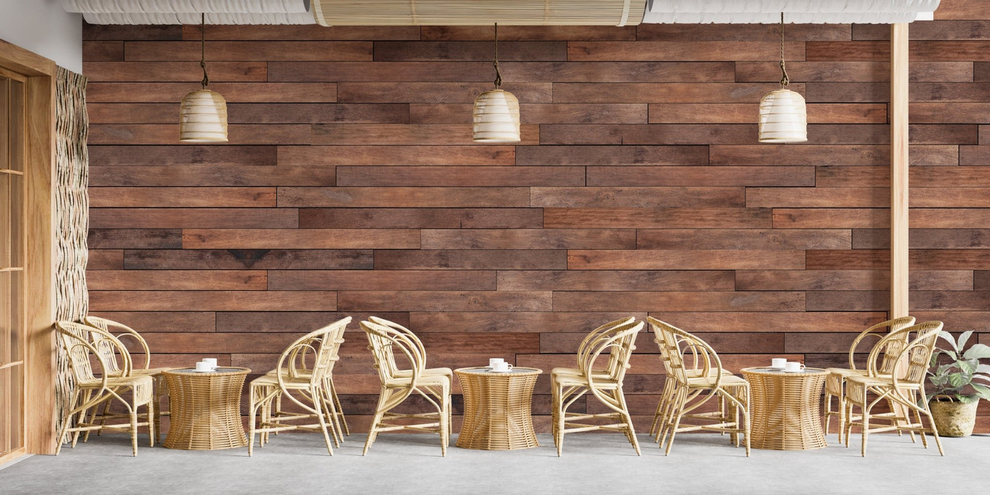 Commercial cafe interior featuring a long Brown Wooden Striped Wall Mural.