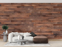 Contemporary living room with Brown Wooden Striped Wall Mural and brown accents.