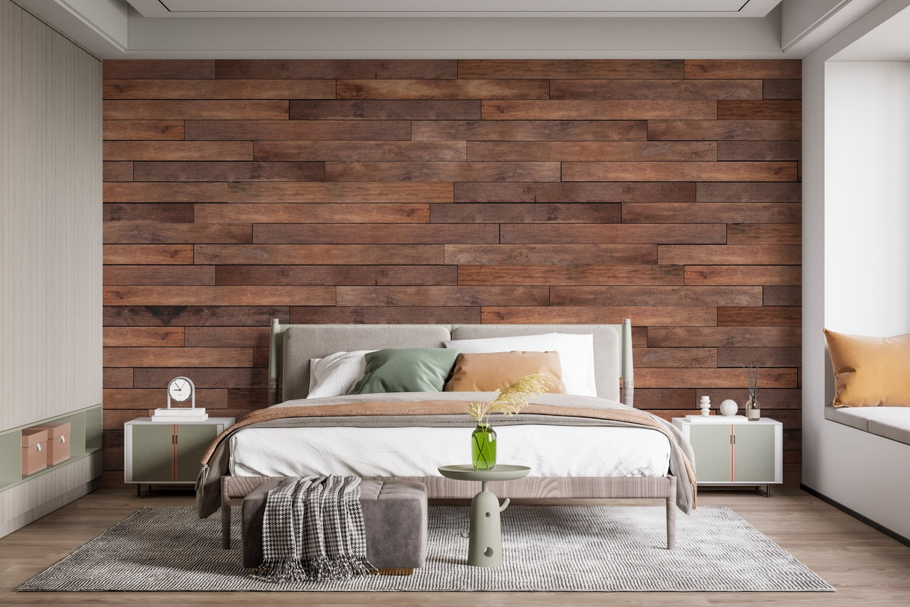 Large bedroom featuring horizontal timber striped mural on a wide feature wall.