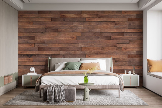 Large bedroom featuring horizontal timber striped mural on a wide feature wall.