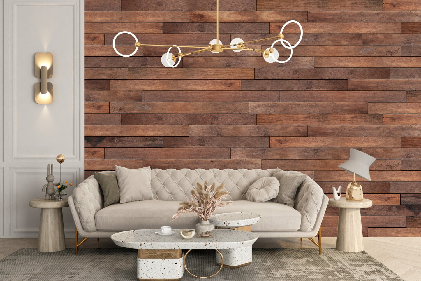 Formal sitting area with a tufted cream sofa and rustic wooden slat wall mural