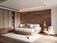 Master suite showing Brown Wooden Striped Wall Murals and a white rug.