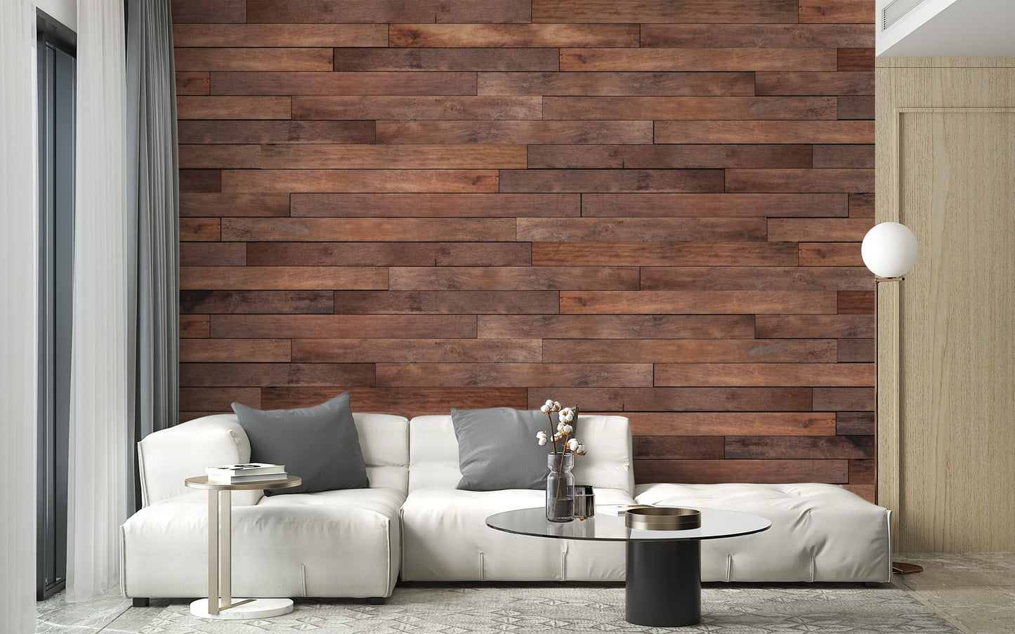 Minimalist living area with white sofa and dark Brown Wooden Striped Wall Mural.