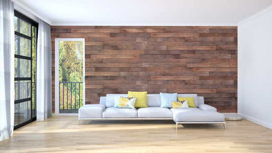 Open plan living space with light flooring and wood grain wall mural decor.