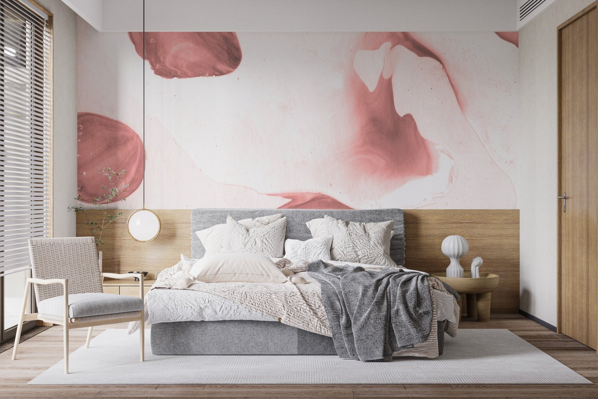 Blush-toned brushstroke mural for modern wall interiors.
