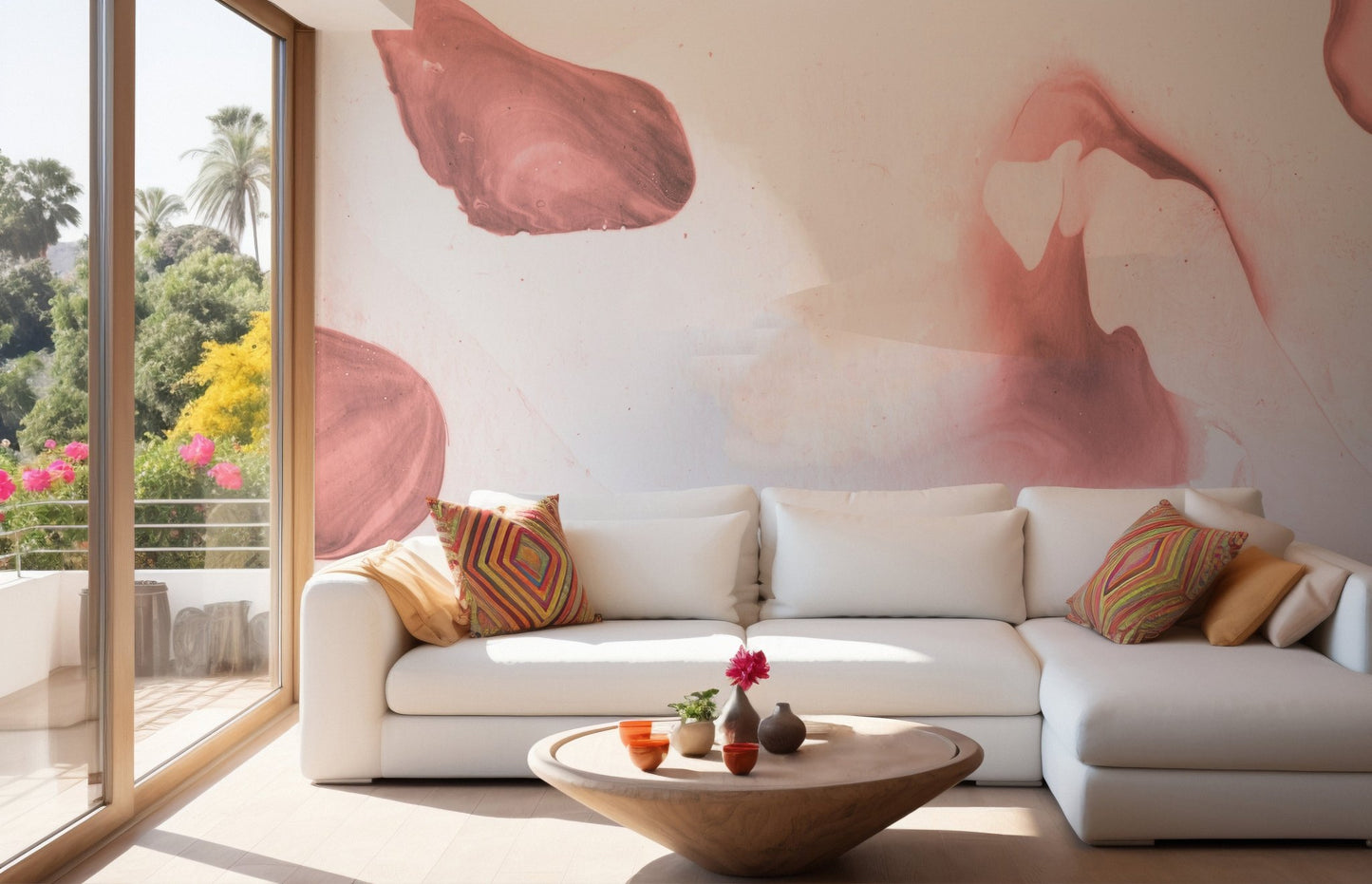 Blush wallpaper mural with soft brushstroke accents.
