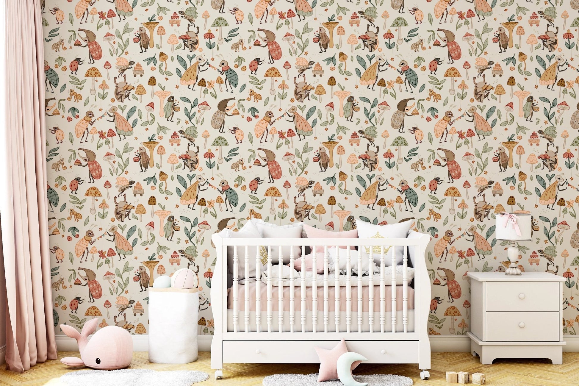 Vintage style mushroom and cricket pattern design.