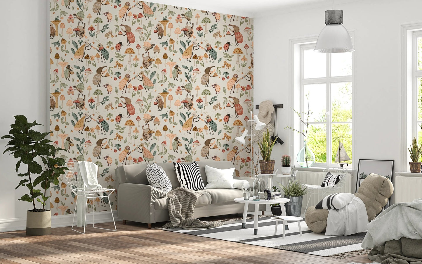Playful nursery wallpaper with musical insects.