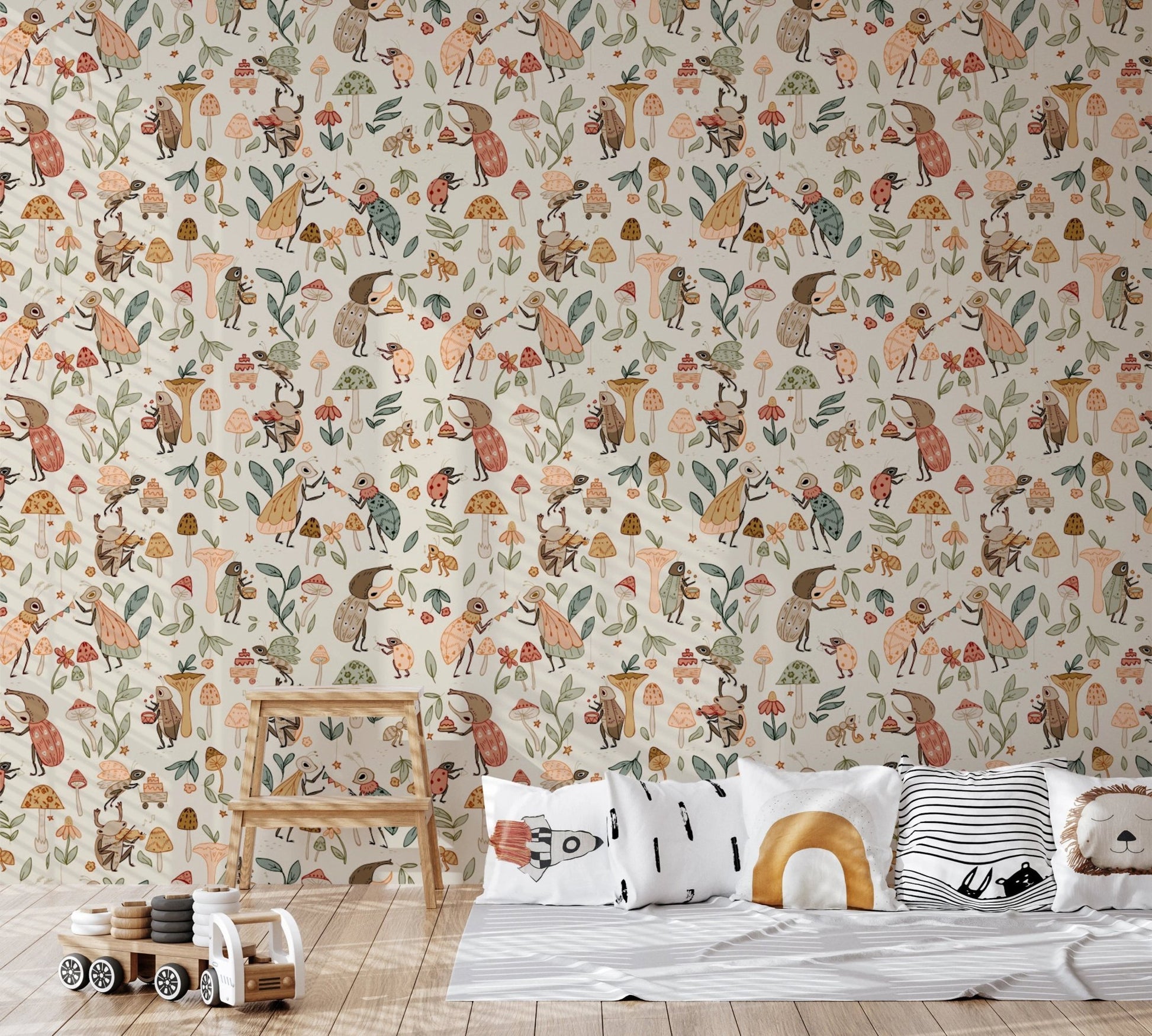 Hand-drawn forest bug celebration wall mural.