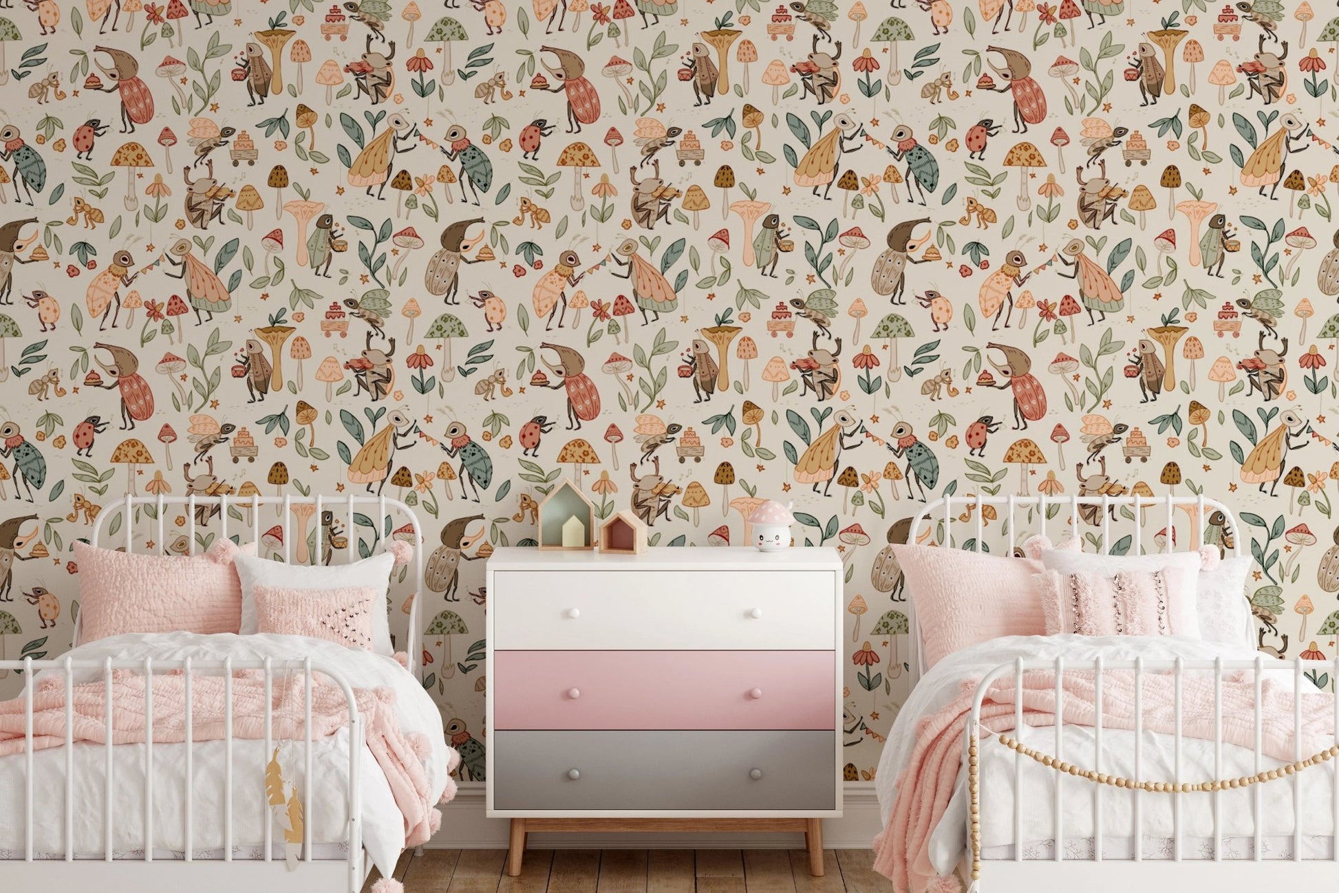Whimsical bug wallpaper for nursery wall decor.