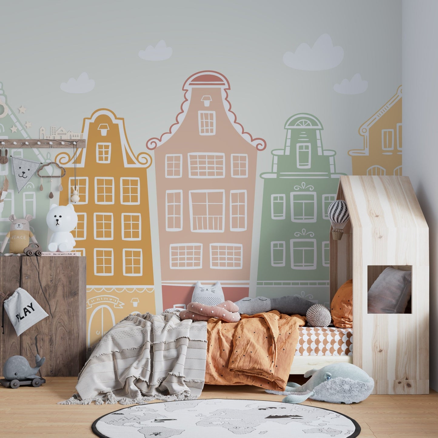 Kids' room mural featuring a building block bonanza design.
