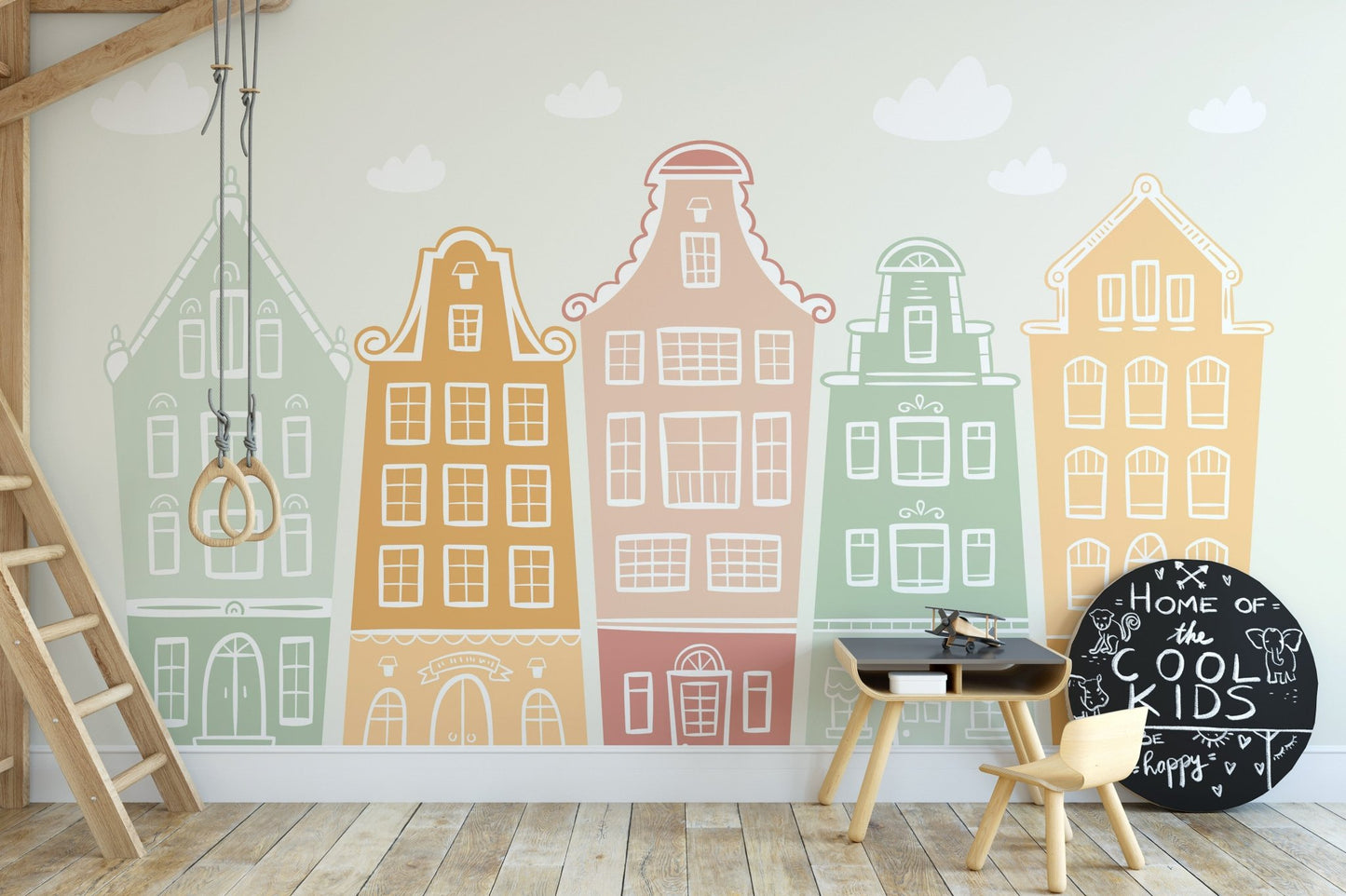 Creative building block wall mural for kids study wall decor.

