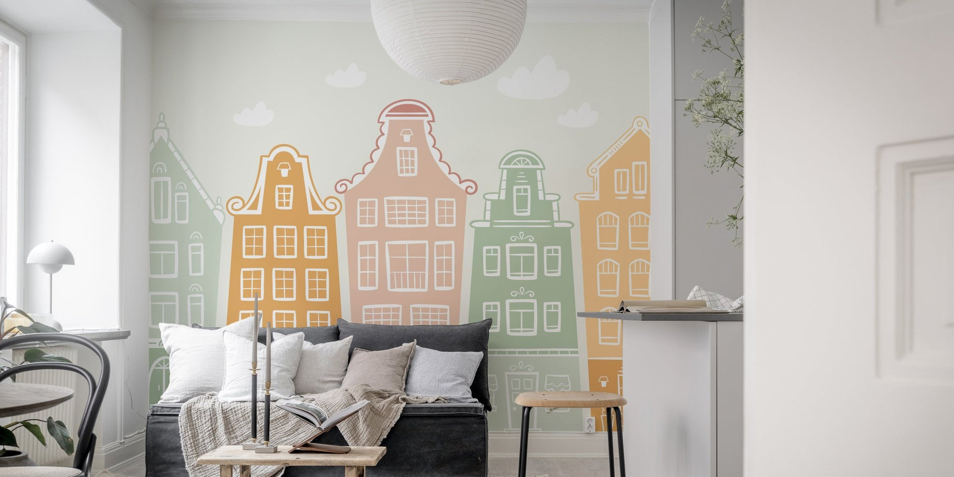 Vibrant building block mural adding energy to living rooms.
