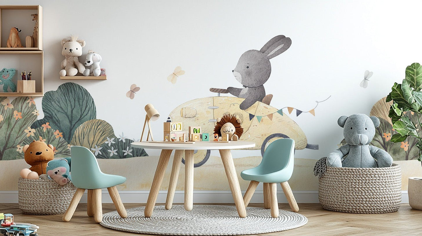 Cute bunny road trip wall mural with greenery and flowers.