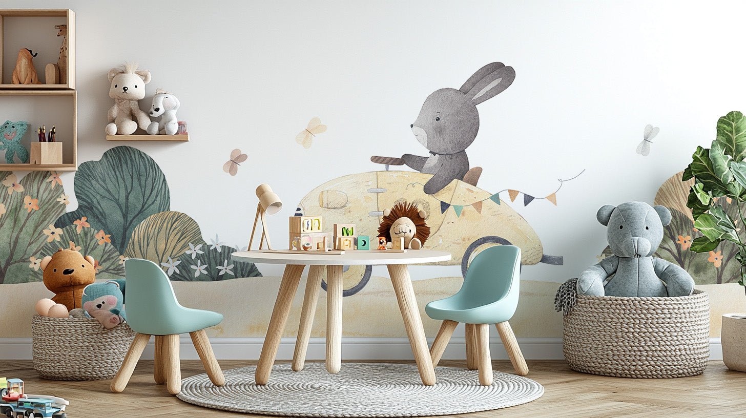 Cute bunny road trip wall mural with greenery and flowers.