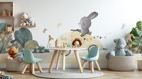 Cute bunny road trip wall mural with greenery and flowers.