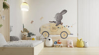 Whimsical animal car ride wall mural with subtle background.