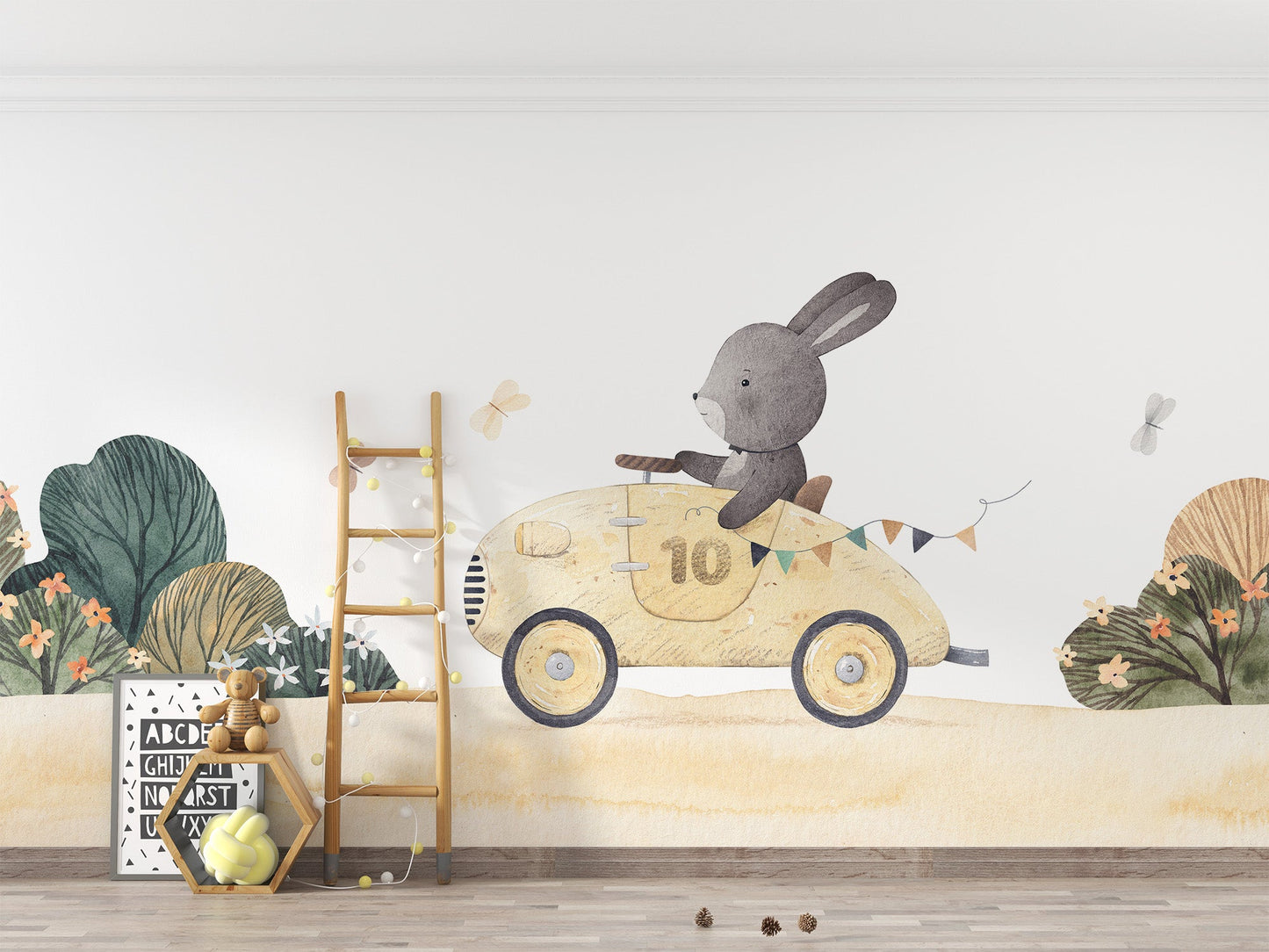 Watercolor bunny driving pastel race car wall mural with butterflies.