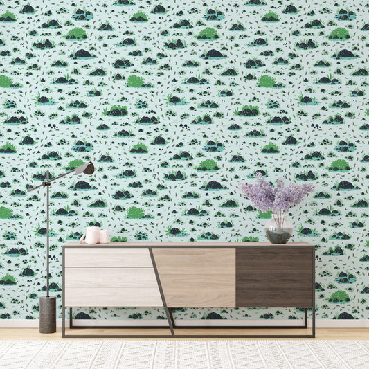 Bushes and footprints wallpaper featuring a serene botanical pattern.