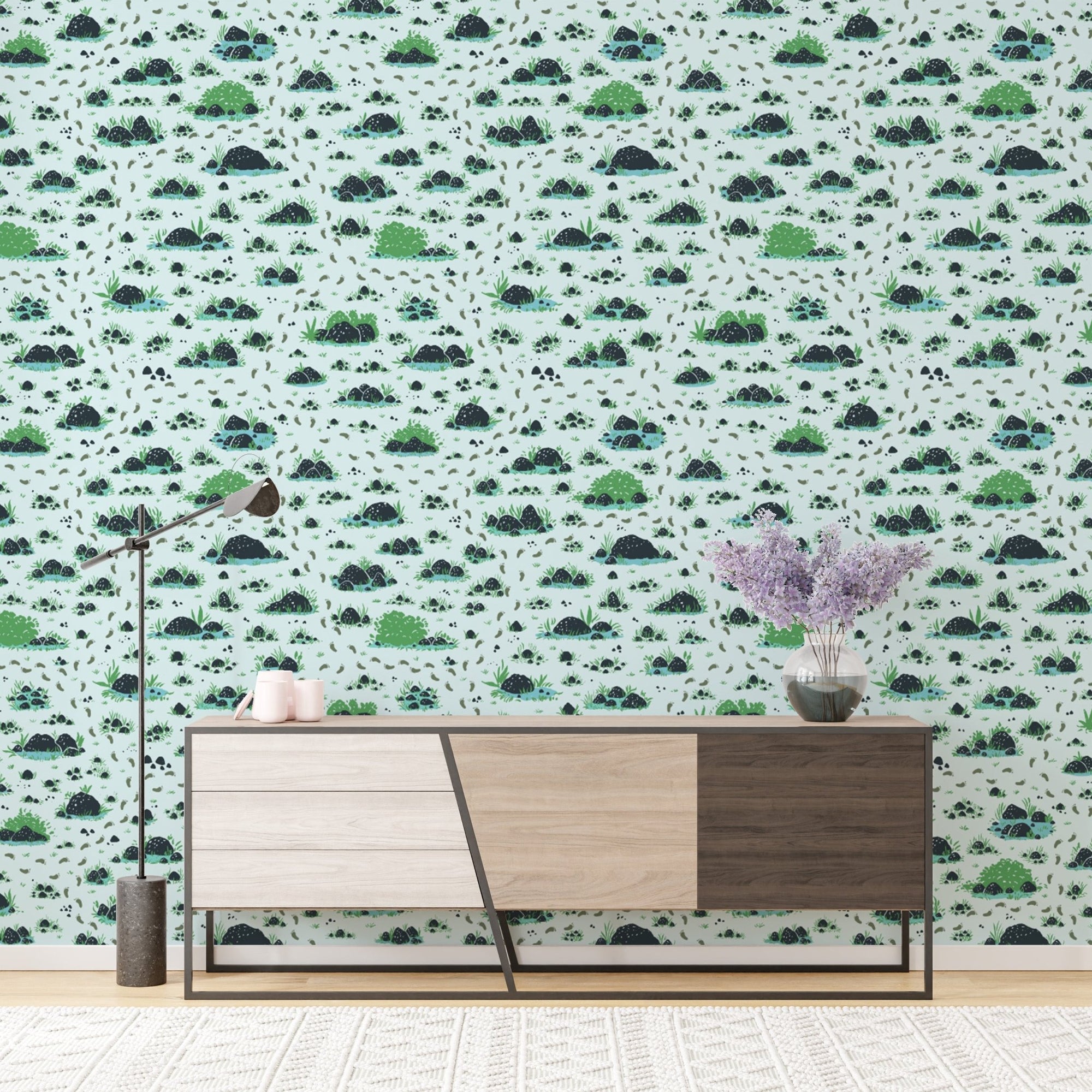 Bushes and footprints wallpaper featuring a serene botanical pattern.