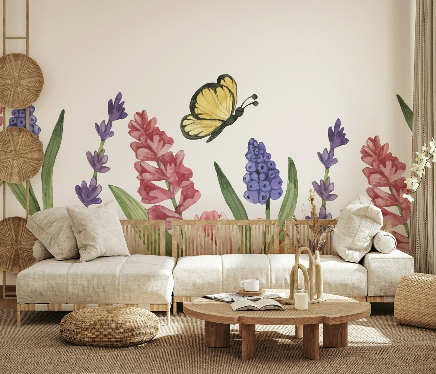 Floral wallpaper design with vibrant fluttering butterflies.