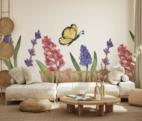 Floral wallpaper design with vibrant fluttering butterflies.