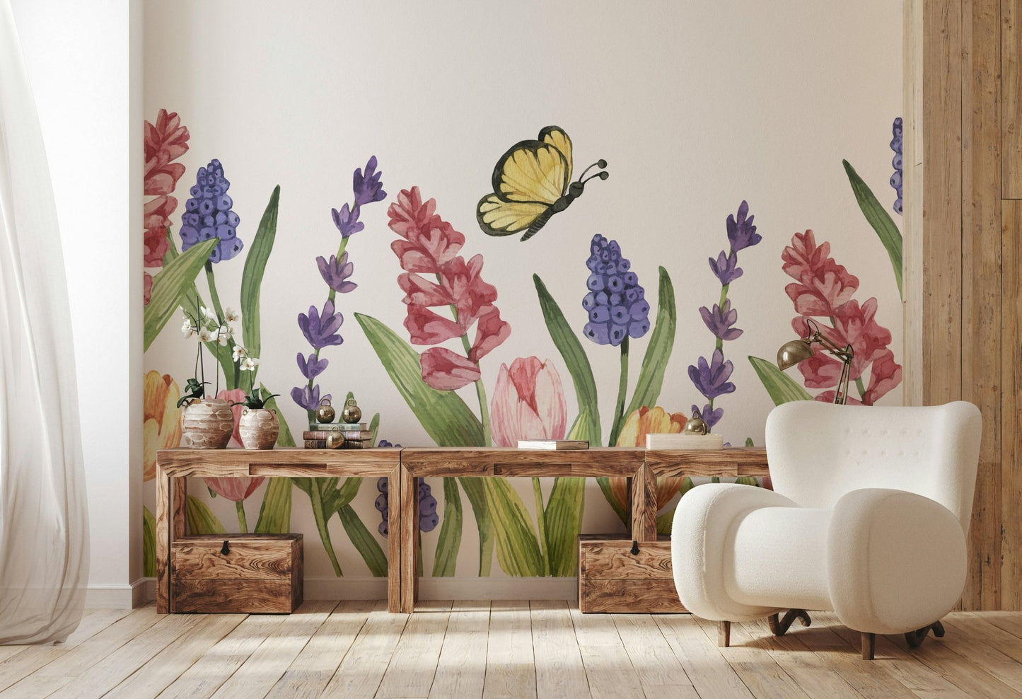 Artistic floral wall mural with a white background.