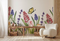 Artistic floral wall mural with a white background.