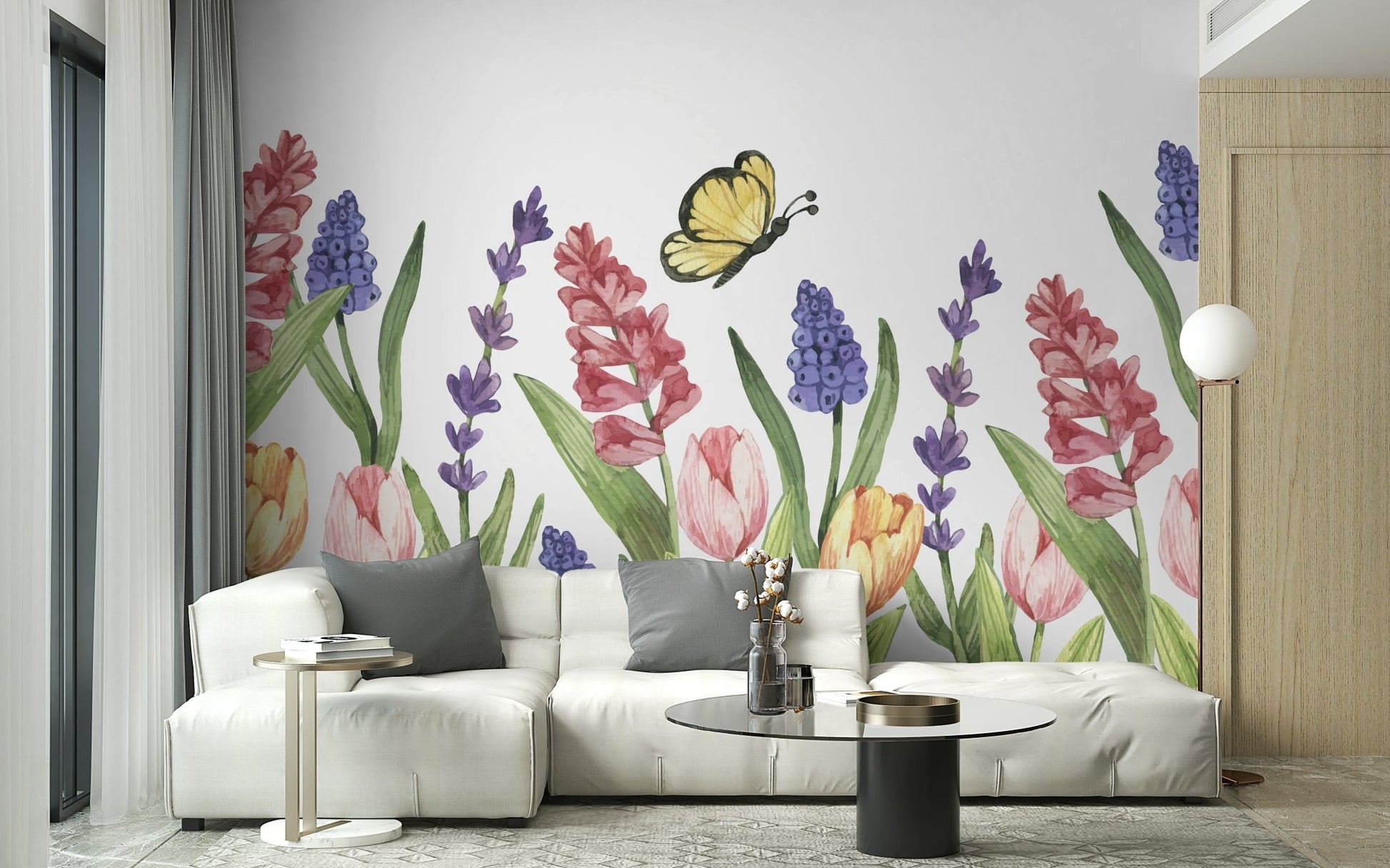 Detailed garden themed wall mural in bright summer hues.