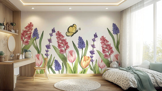 Elegant botanical wallpaper featuring soft pink petals and greenery.