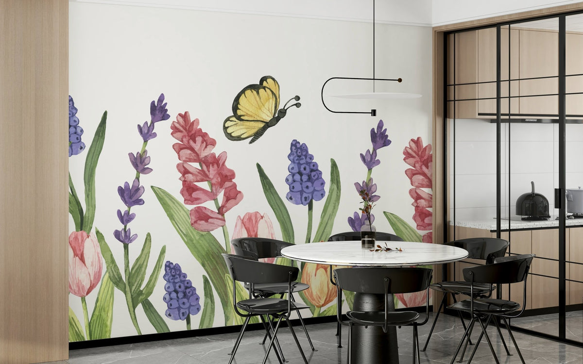 Nature inspired wall mural with intricate insect illustrations.
