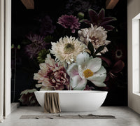 Butterfly Bouquet Oasis Wall Mural in a bathroom with white tub