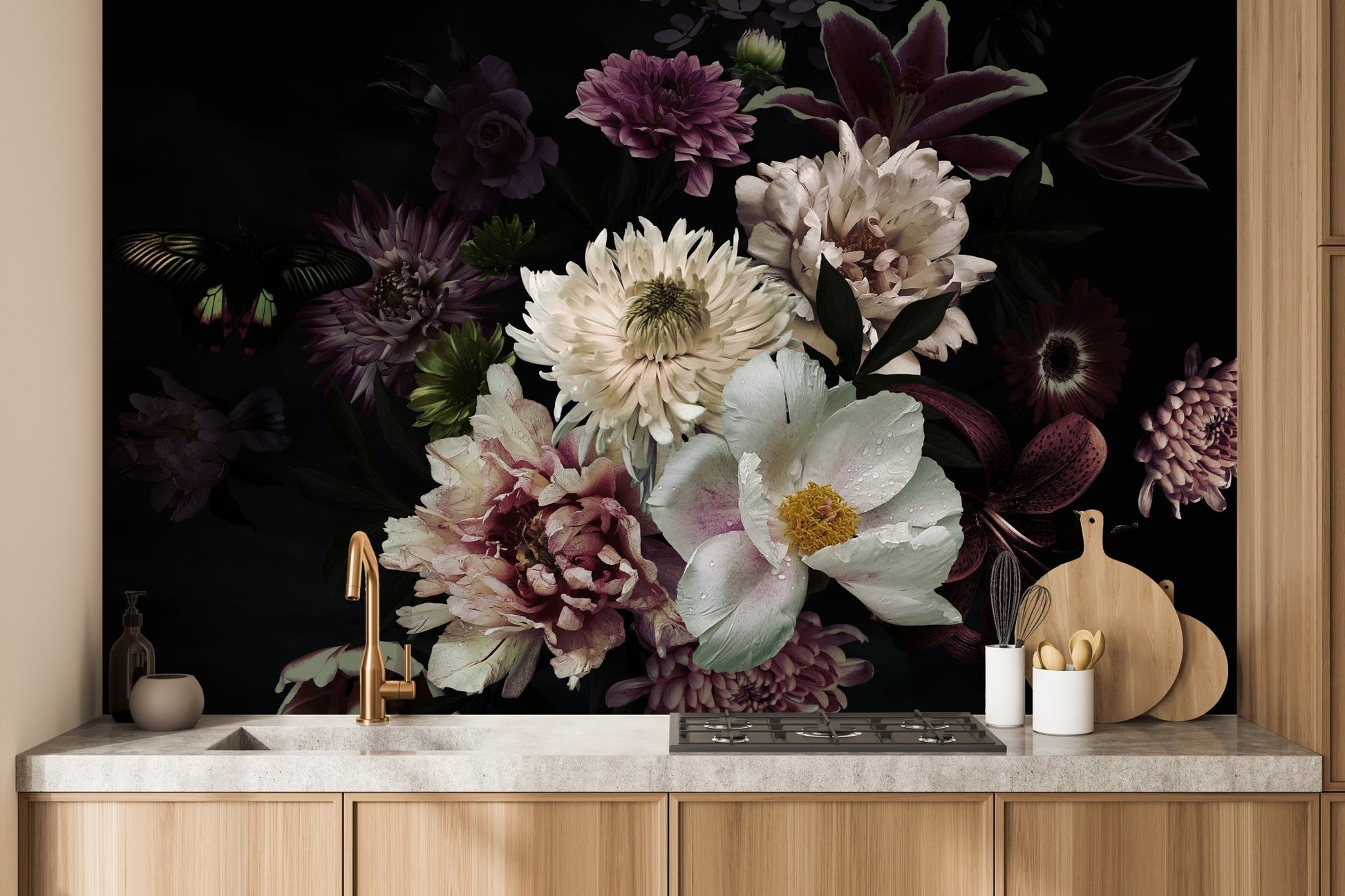 Floral oasis pattern wall mural above a light wood kitchen counter