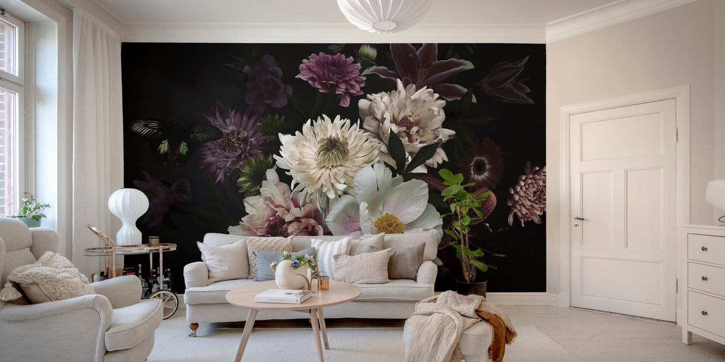 Dark bouquet background wall mural with white peonies in a sunlit room
