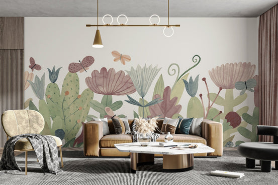 Soft earth tone floral patterns on a smooth garden wallpaper.