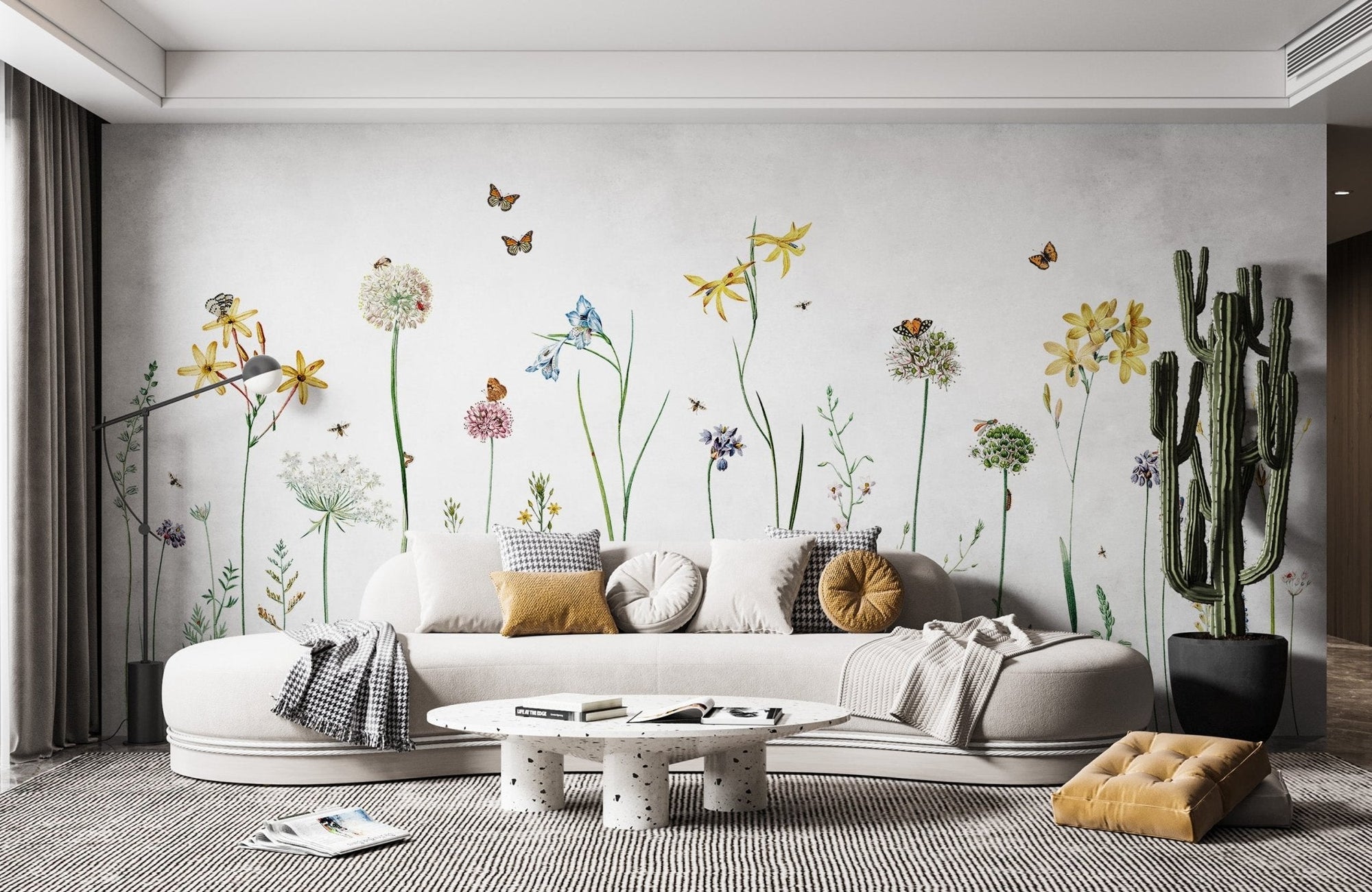 Vibrant mural featuring butterflies and blooming flowers for living room walls.
